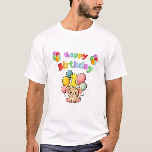 1thバースデーマウスネズミ子どもの誕生日 tシャツ (正面)