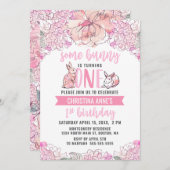 1th誕生日いくつかのバニーピンクの水色フローラ 招待状 (正面/裏面)
