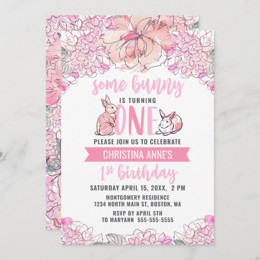1th誕生日いくつかのバニーピンクの水色フローラ 招待状 (正面/裏面)