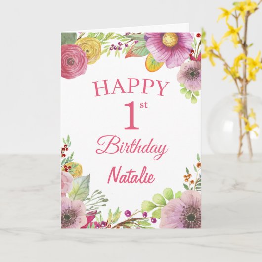 1th誕生日の水彩フローラ花ピンクのカード カード (黄色い花)