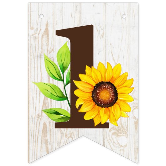 1th誕生日ひまわり&ウッド素朴パーティーデコール バンティングフラッグ (第1の旗)