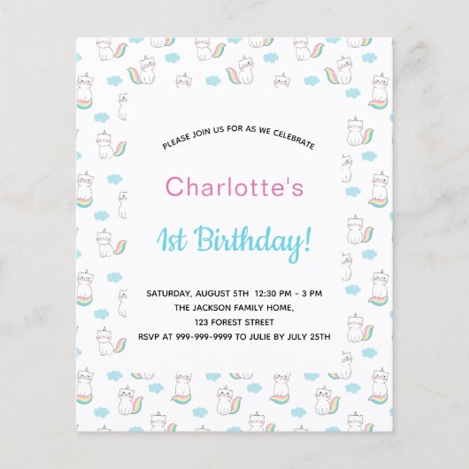 1th誕生日ガールキャットユニコーンピンクブルー予算 チラシ (正面)