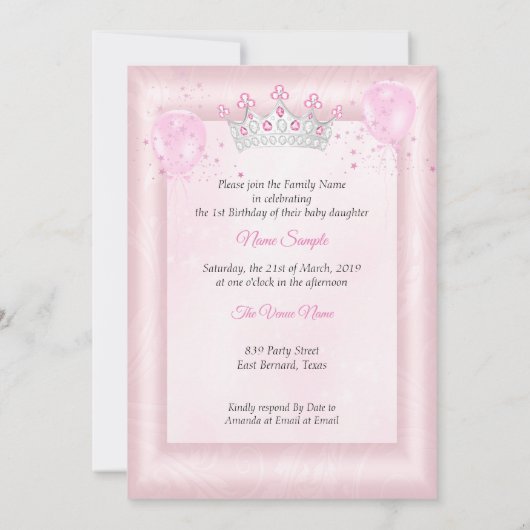 1th誕生日ガールズバルーンピンク写真 招待状 (裏面)