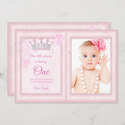 1th誕生日ガールズバルーンピンク写真 招待状 (正面/裏面)