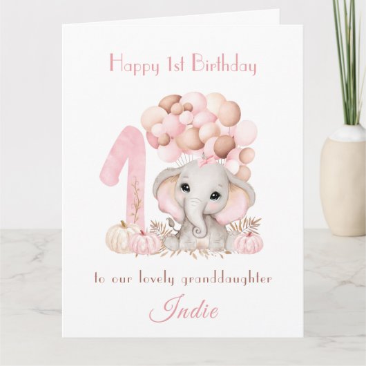 1th誕生日ガールピンクエレファント秋カボチャ カード (正面)