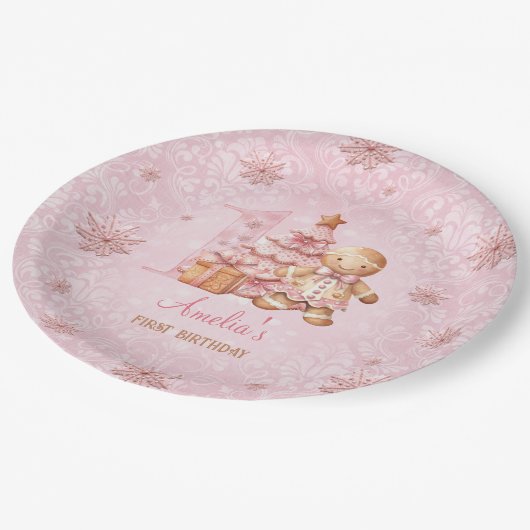 1th誕生日ジンジャーブレッドマンガールピンクのクリスマス ペーパープレート (アングル)