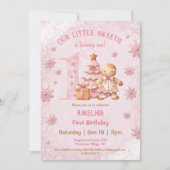 1th誕生日ジンジャーブレッドマンガールピンクのクリスマス 招待状 (正面)