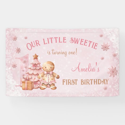 1th誕生日ジンジャーブレッドマンガールピンクのクリスマス 横断幕 (横)