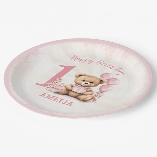 1th誕生日テディベアピンクバルーン紙プレート ペーパープレート (アングル)