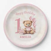1th誕生日テディベアピンクバルーン紙プレート ペーパープレート (正面)