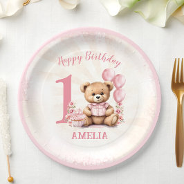 1th誕生日テディベアピンクバルーン紙プレート ペーパープレート