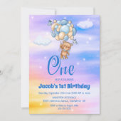 1th誕生日テディベアブルーバルーンパーティー 招待状 (正面)