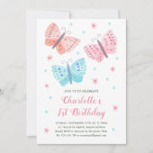 1th誕生日バタフライフラワーウォーターカラーピンク 招待状 (正面)