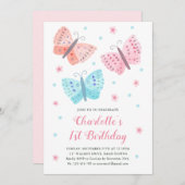 1th誕生日バタフライフラワーウォーターカラーピンク 招待状 (正面/裏面)