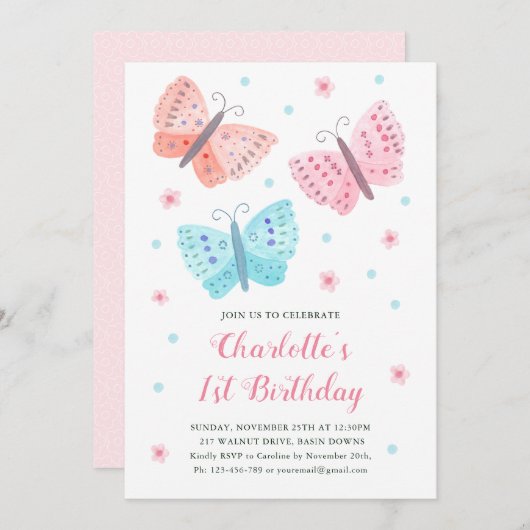 1th誕生日バタフライフラワーウォーターカラーピンク 招待状 (正面/裏面)