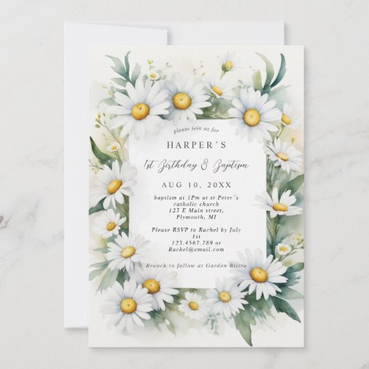 1th誕生日バプテスマデイジーの花 招待状 (正面)