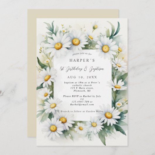 1th誕生日バプテスマデイジーの花 招待状 (正面/裏面)