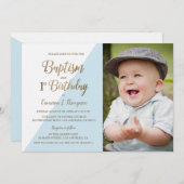 1th誕生日バプテスマ写真ブルー金ゴールドグリットカスタム 招待状 (正面/裏面)