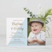 1th誕生日バプテスマ写真ブルー金ゴールドグリットカスタム 招待状 (スタンド正面)