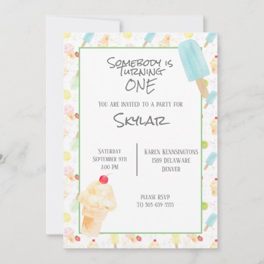 1th誕生日パーティーアイスクリーム招待状 招待状 (正面)