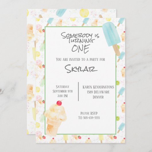 1th誕生日パーティーアイスクリーム招待状 招待状 (正面/裏面)