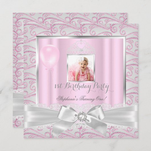 1th誕生日パーティーガールズピンクダイヤモンドティアラ 招待状 (正面/裏面)