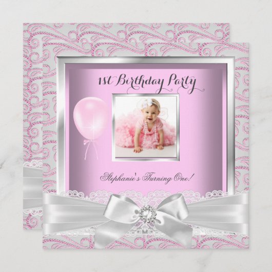 1th誕生日パーティーガールズピンクダイヤモンド 招待状 (正面/裏面)