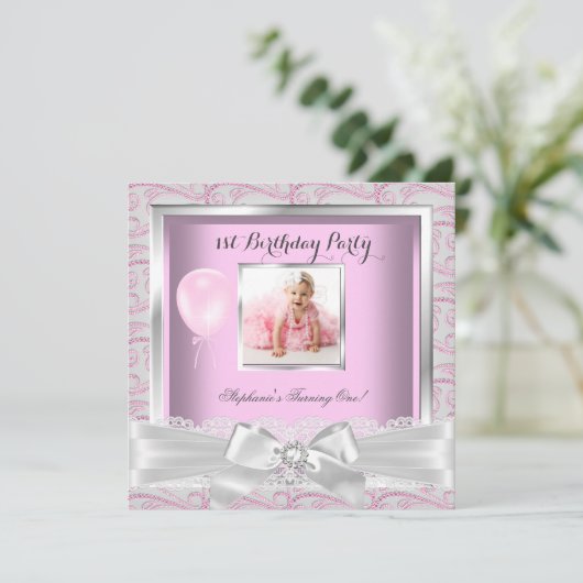 1th誕生日パーティーガールズピンクダイヤモンド 招待状 (スタンド正面)