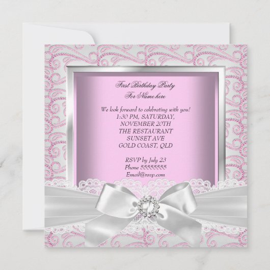 1th誕生日パーティーガールズピンクダイヤモンド 招待状 (裏面)