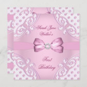 1th誕生日パーティーガールピンクホワイト水玉模様 招待状 (正面/裏面)