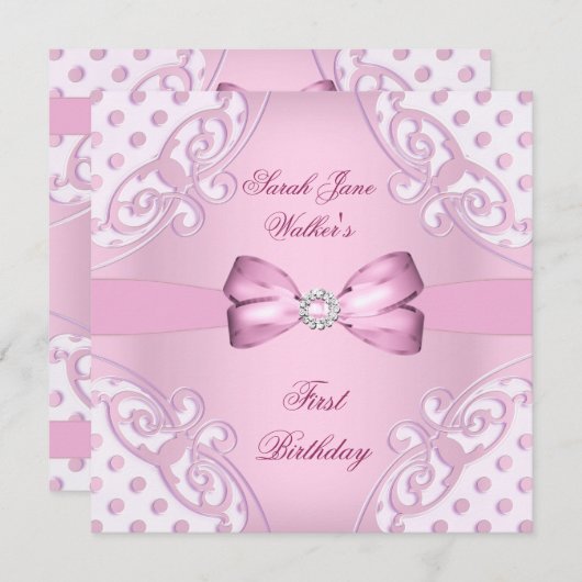 1th誕生日パーティーガールピンクホワイト水玉模様 招待状 (正面/裏面)