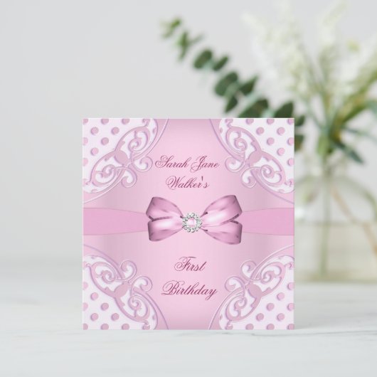 1th誕生日パーティーガールピンクホワイト水玉模様 招待状 (スタンド正面)