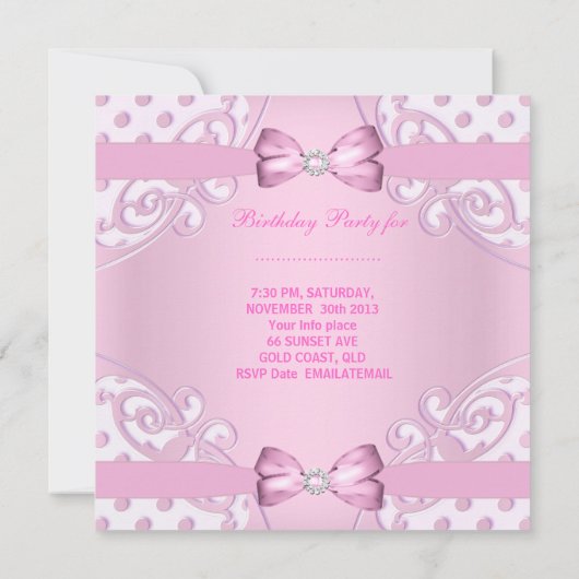 1th誕生日パーティーガールピンクホワイト水玉模様 招待状 (裏面)