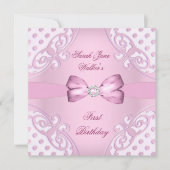 1th誕生日パーティーガールピンクホワイト水玉模様 招待状 (正面)