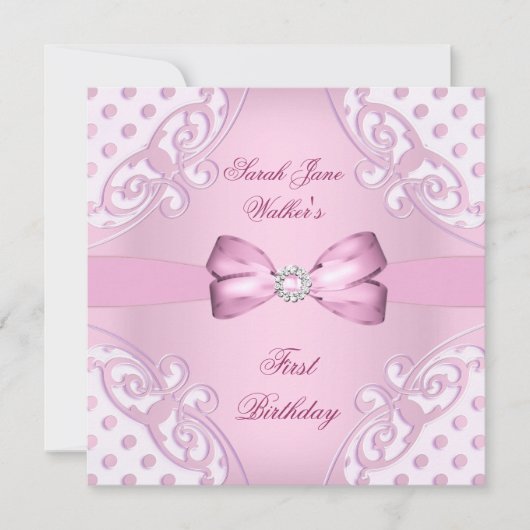 1th誕生日パーティーガールピンクホワイト水玉模様 招待状 (正面)