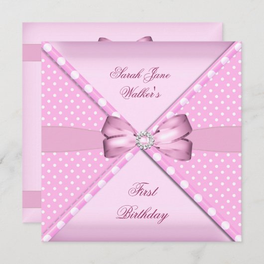 1th誕生日パーティーガールピンクホワイト水玉模様 招待状 (正面/裏面)