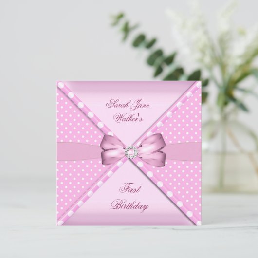 1th誕生日パーティーガールピンクホワイト水玉模様 招待状 (スタンド正面)