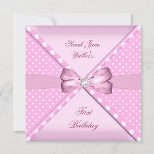 1th誕生日パーティーガールピンクホワイト水玉模様 招待状 (正面)