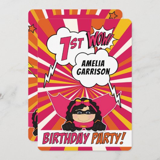 1th誕生日パーティースーパーヒーローピンク漫画for Girls 招待状 (正面/裏面)