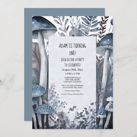 1th誕生日パーティーブルーマッシュルームボホウッズ2024 招待状 (正面/裏面)