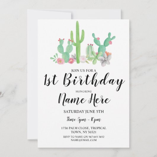 1th誕生日パーティー水の色サボテンCacti One 招待状 (正面)