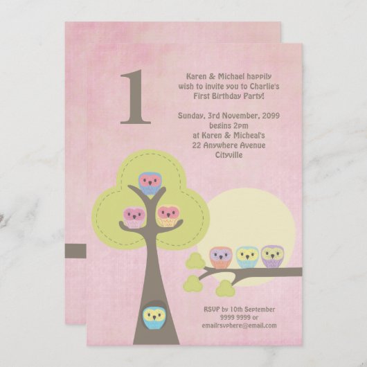 1th誕生日ピンクパーティーナイトフールズカワイイ招待状 招待状 (正面/裏面)