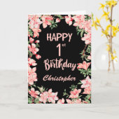 1th誕生日ピンクピーチウォーター色フローラブラック カード (黄色い花)