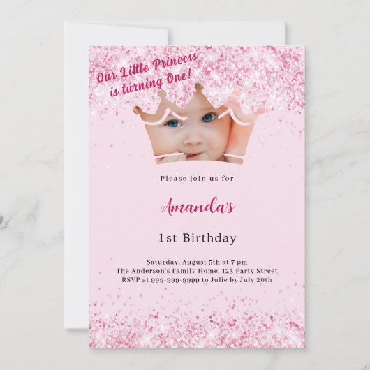 1th誕生日プリンセスフォトクラウンピンク 招待状 (正面)