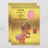 1th誕生日ベビーガールフォンバルーンシブロン金ゴールド 招待状 (正面/裏面)