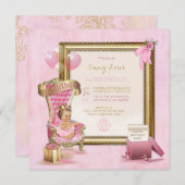 1th誕生日ベビーガールプリンセス玉座金ゴールドピンク 招待状 (正面/裏面)