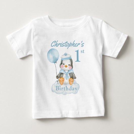 1th誕生日ペンギンブルーパーソナライズベビーTシャツ ベビーTシャツ (正面)