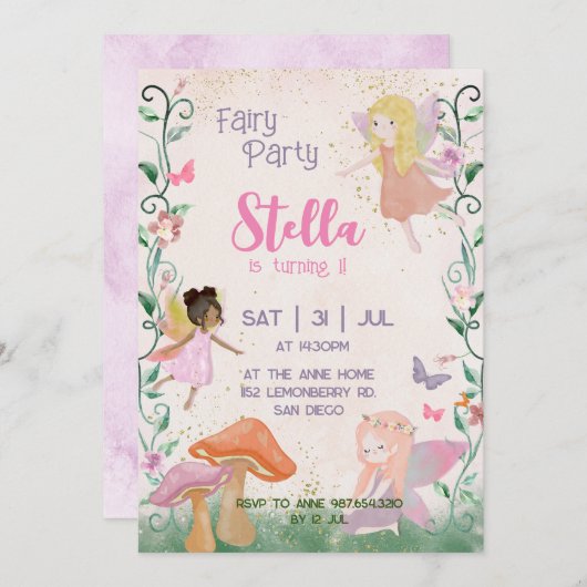1th誕生日マジカルフェアリーフローラガーデンピクシー 招待状 (正面/裏面)