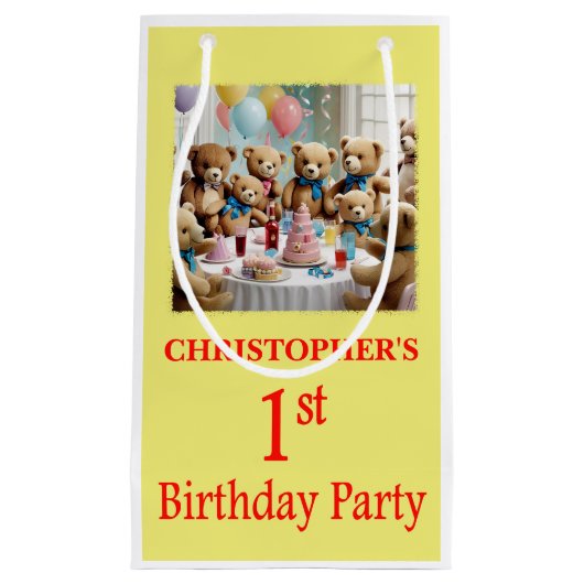 1th Birthdayパーティーテディベアーズパーティー スモールペーパーバッグ (正面)