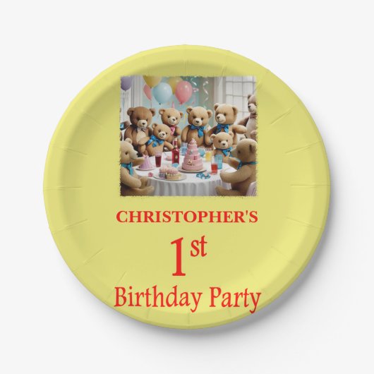 1th Birthdayパーティーテディベアーズパーティー ペーパープレート (正面)